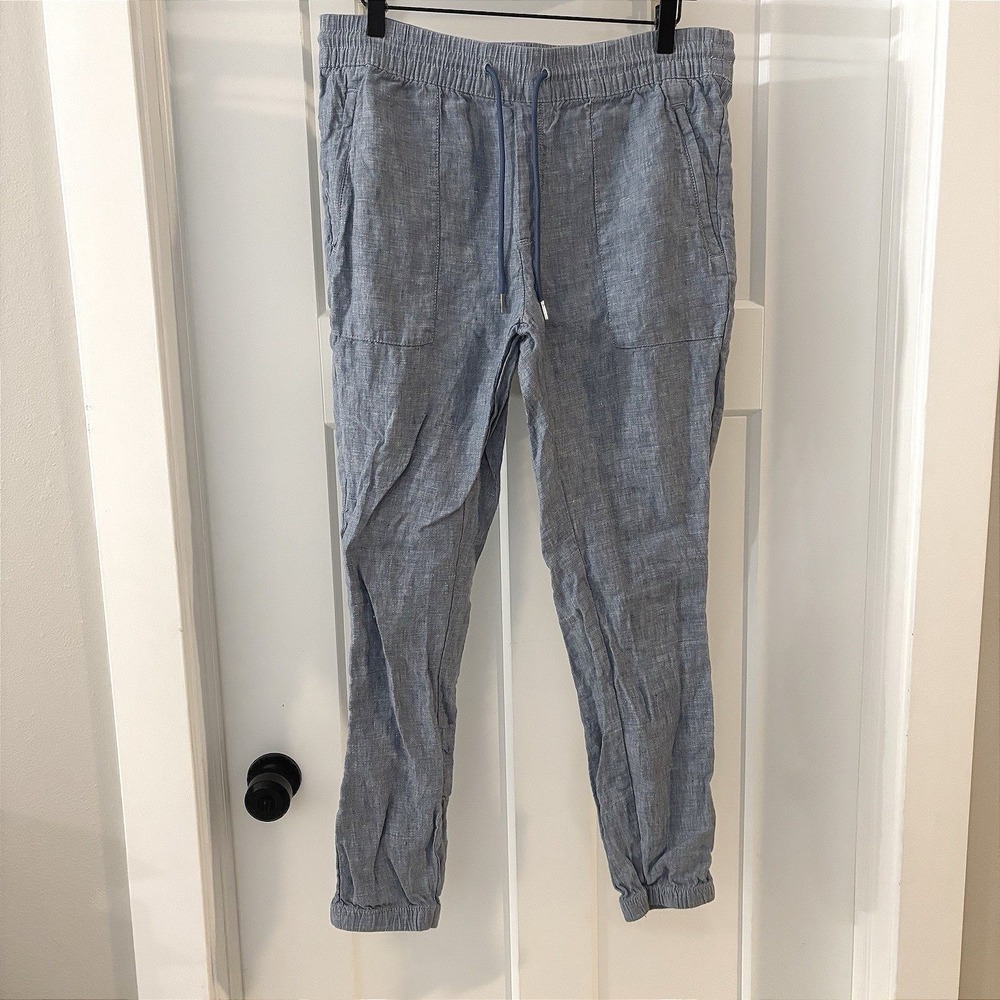 Athleta‎ Retreat 100% Linen Joggers Pants Chambray Blue 12 Coastal Casual Boho